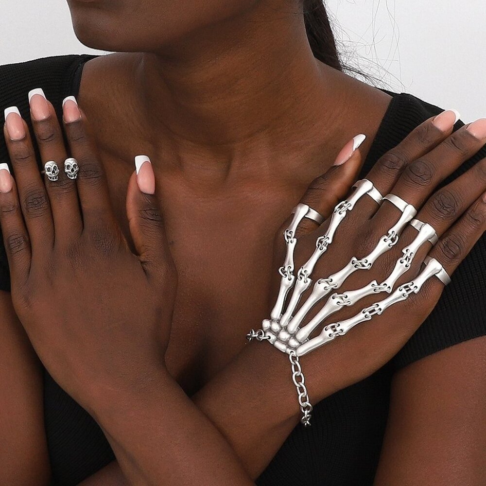 Gothic Skeleton All Bone Hand Ring Bracelet with Combinated Ring